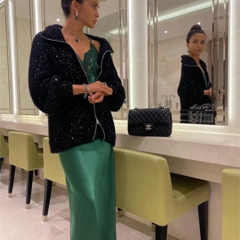 Luxus-Damen-Cardigan mit Glitzer, weich und komfortabel, ein Highlight der Winterbekleidung.