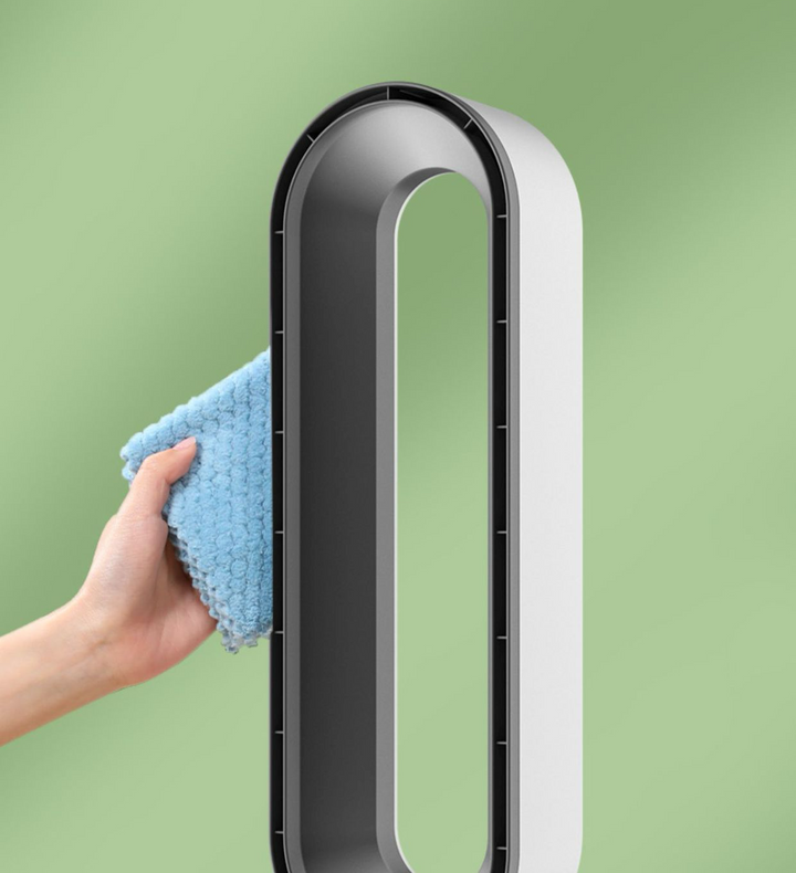 Hightech blattloser Tischventilator, modernes Design, leise Oszillation & LED-Touch.