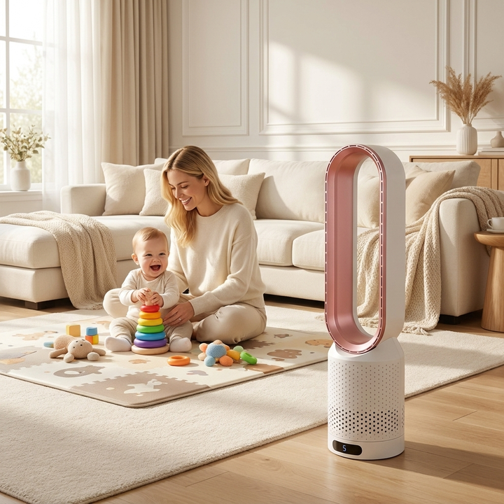 Blattloser Tischventilator mit intuitiver LED-Touch-Steuerung für leise Kühlung.