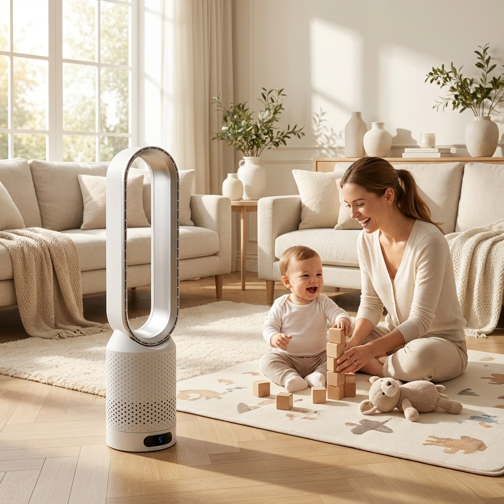 Moderner blattloser Designventilator mit LED-Touch für stilvolle Raumkühlung im Sommer.