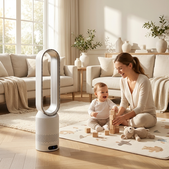 Moderner blattloser Designventilator mit LED-Touch für stilvolle Raumkühlung im Sommer.