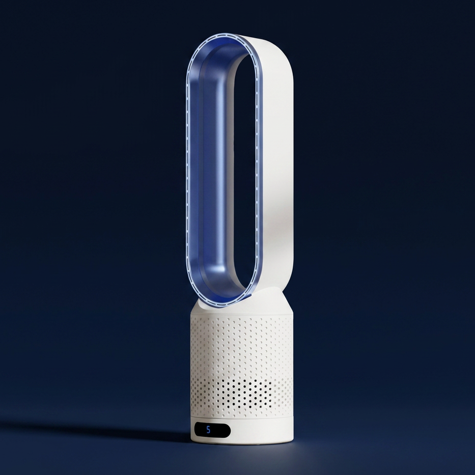 Detailansicht des LED-Touch-Panels am blattlosen Tischventilator, für einfache Bedienung.