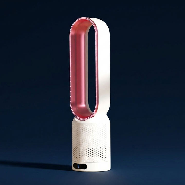 Blattloser Tischventilator, seitliche Ansicht, demonstriert schlankes Design & Oszillation.