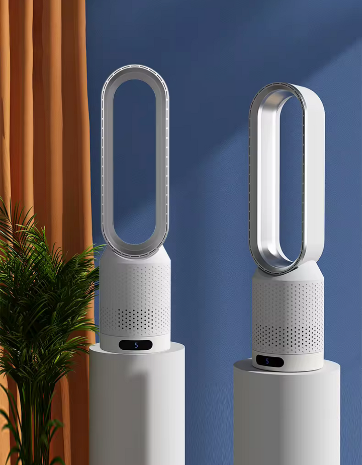 Stilvoller blattloser Designventilator für Wohnzimmer, leise oszillierend & LED-Touch.