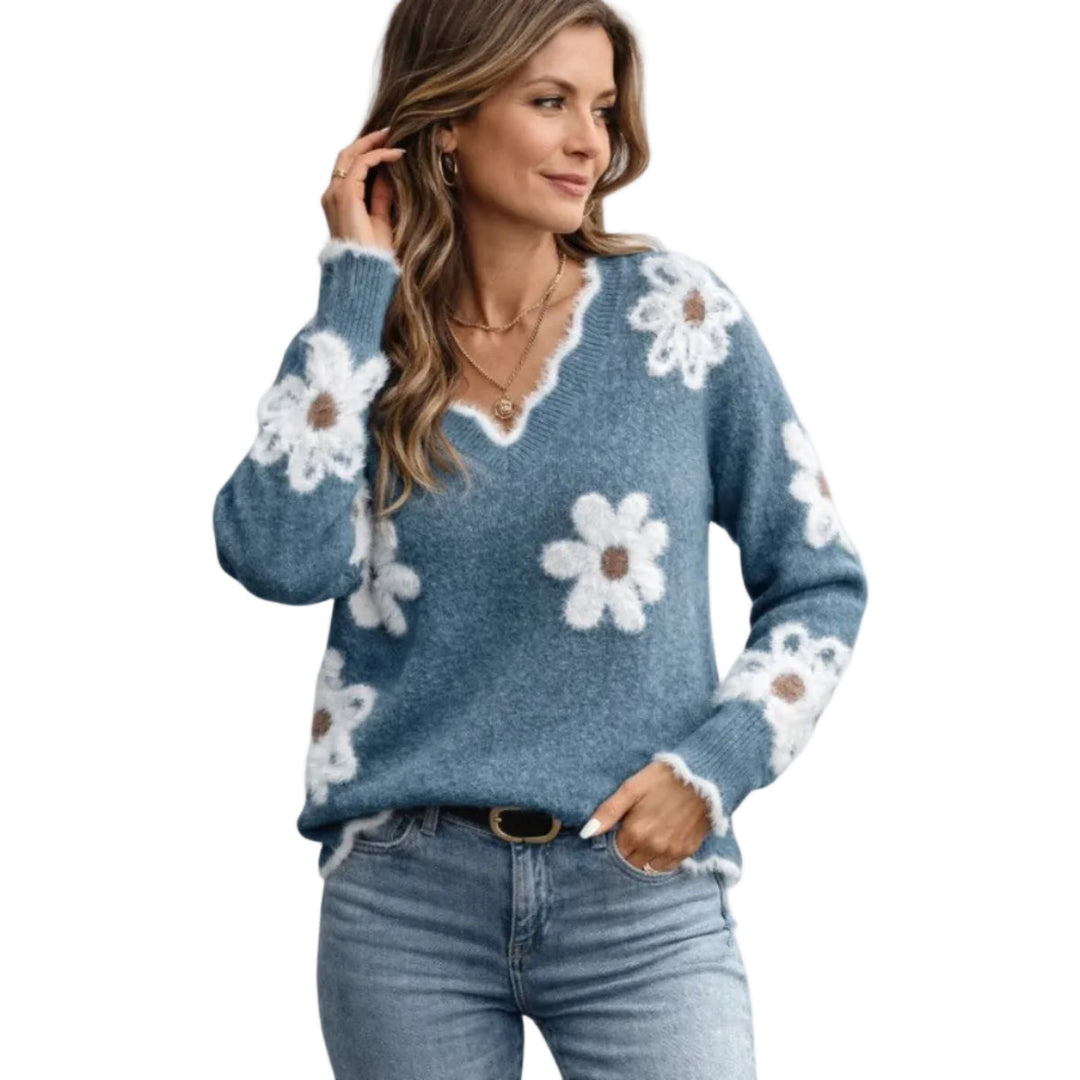 Damen Pullover V-Ausschnitt mit eleganter floraler Stickerei. Langarm, perfekt für Alltag & Freizeit.