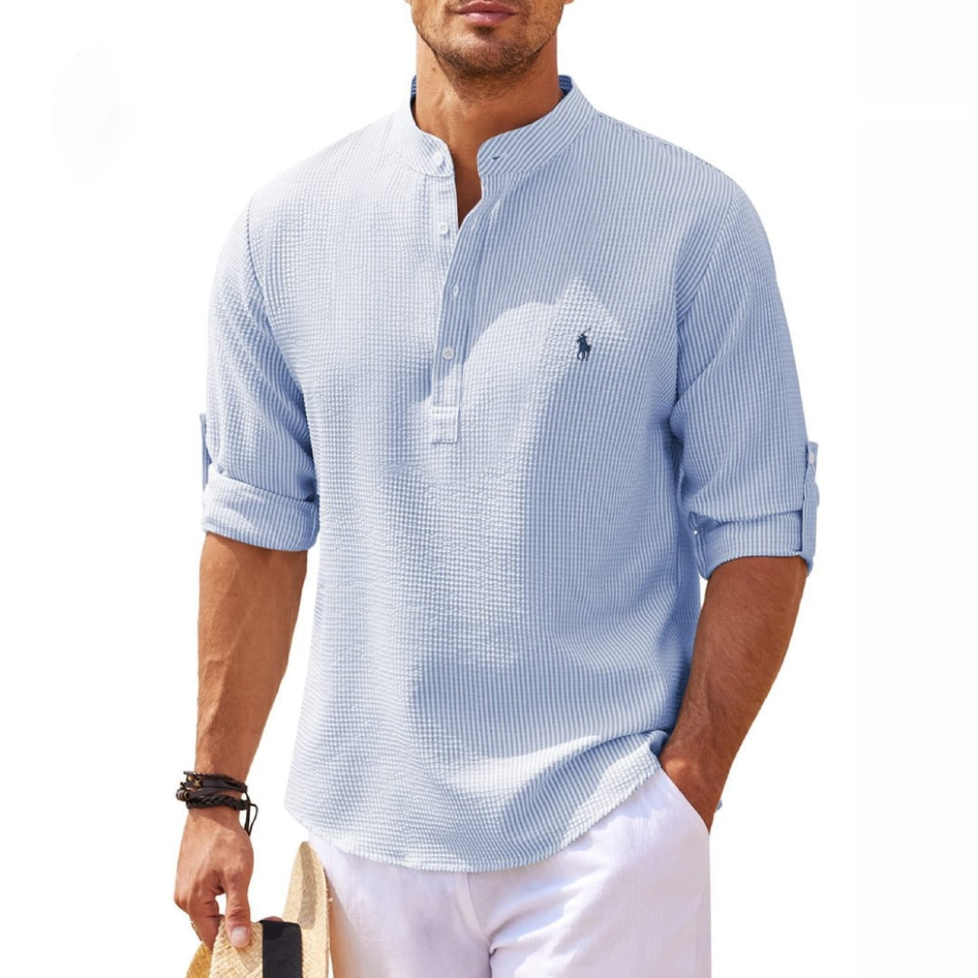 Herren Sommerhemd mit Stehkragen, elegant & leicht, ideal für Freizeit, Strand & Urlaub. Kurzarmhemd für Herrenmode.
