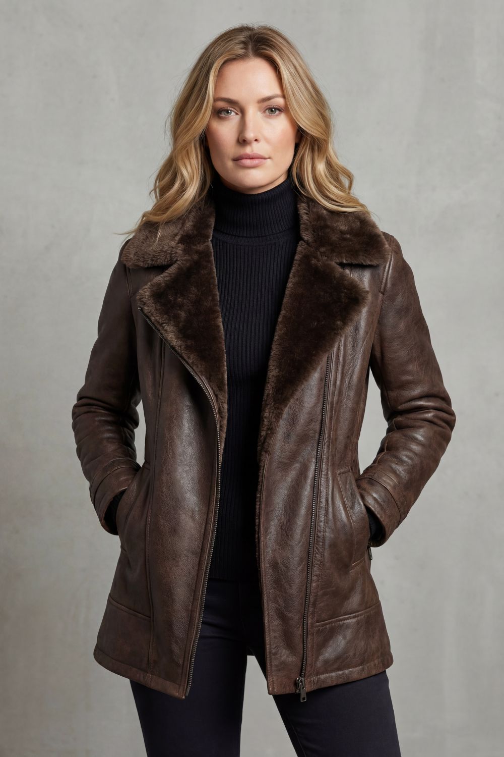 Braune Damen Übergangsjacke mit elegantem, figurbetontem Schnitt für stilvolle Herbst- und Winteroutfits.