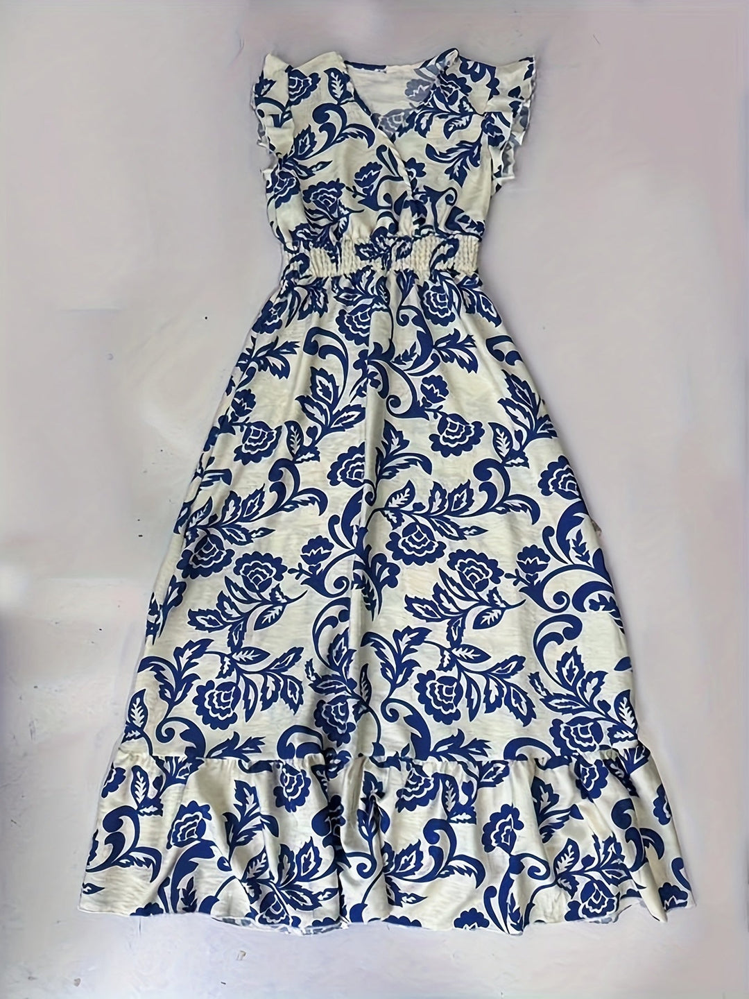 Fließendes Damen Maxikleid für festliche Anlässe, mit Volantärmeln & tiefem V-Ausschnitt.