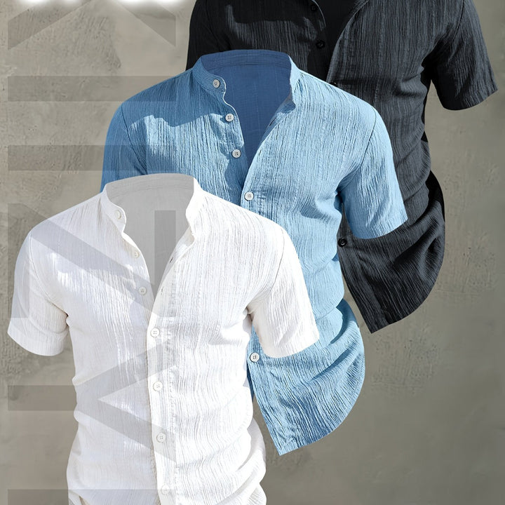 Eleganter Casual Look: Herren Kurzarmhemd mit Stehkragen & Knopfleiste, Teil des 3er-Sets.