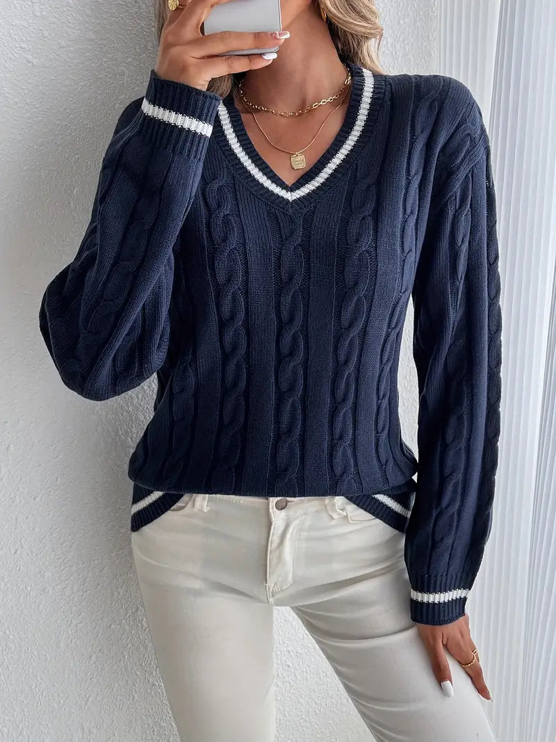 Marineblauer Damen V-Ausschnitt Pullover mit lockerer Passform, elegant & bequem für Herbst & Winter. Ein Muss!
