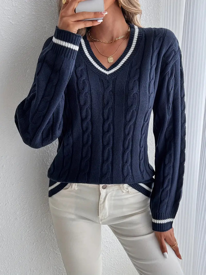 Marineblauer Damen V-Ausschnitt Pullover mit lockerer Passform, elegant & bequem für Herbst & Winter. Ein Muss!
