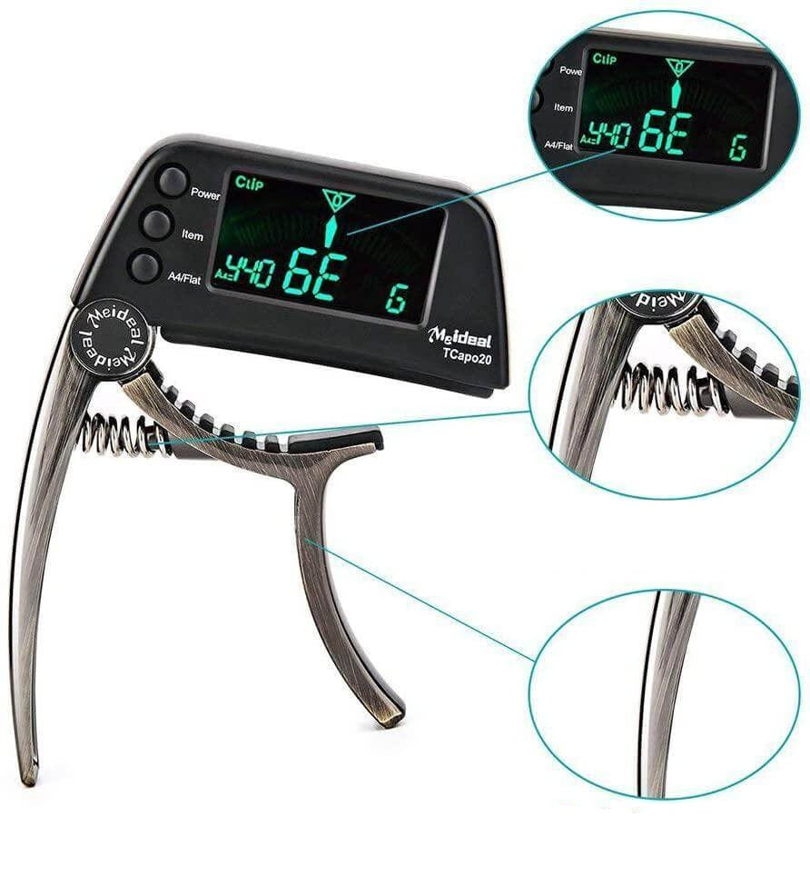 Schwarzer 2-in-1 Gitarren Capo & chromatisches Stimmgerät aus Aluminium für akustische Gitarre, Bass, Ukulele.