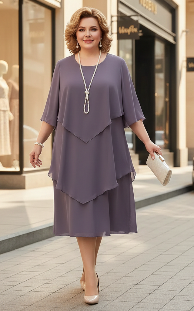 Vielseitiges Damen Midikleid, asymmetrisch mit Kurzarm, fließendem Stoff & Rundhals; perfektes Freizeitkleid.