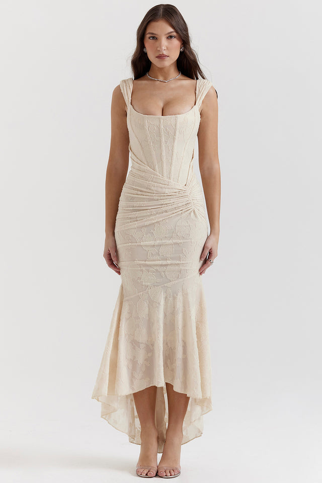 Fließendes, gerafftes Damen Maxikleid, elegant, perfekt als Hochzeitsgastkleid.