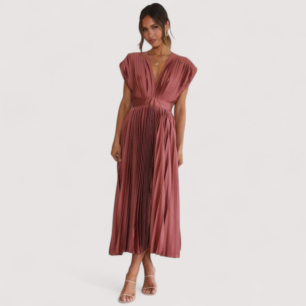 Langes Plisseekleid für Damen, verstellbare Taille, ideal als Freizeitkleid oder festliches Outfit.