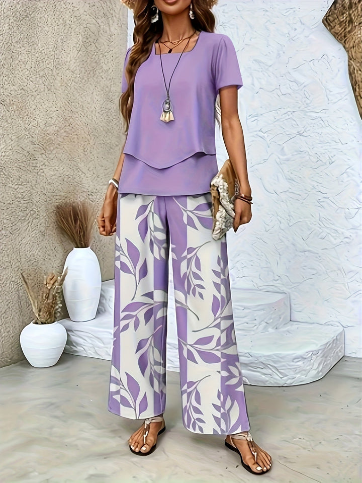 Luftiges Damen Sommer Outfit: Zweiteiler mit bequemer weiter Hose & Kurzarmshirt, perfekt für den Strand.