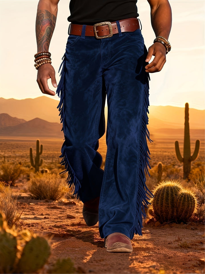Lässige Herren Wildlederoptik Hose im Westernstil, mit Fransen und bequemer lockerer Passform.