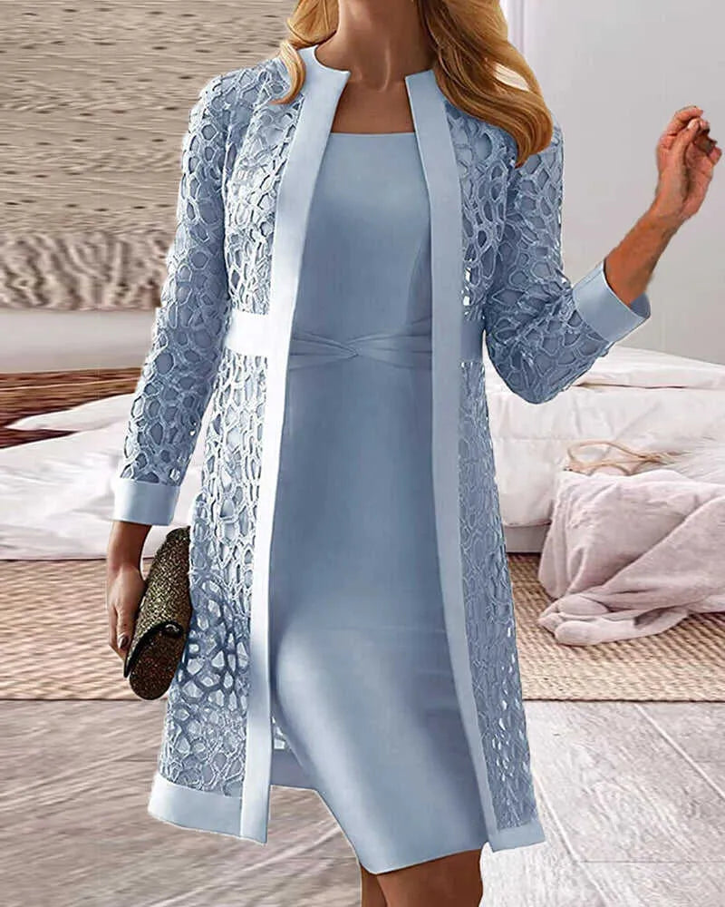 Damen Etuikleid & Cardigan Set. Schickes Spitzen-Design, ideal als festlicher 2-Teiler für Herbst & Frühling.