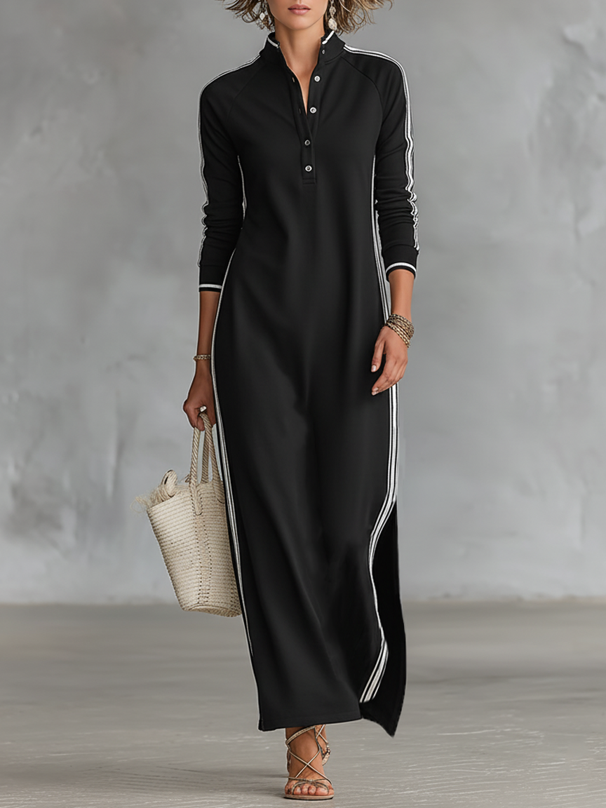 Damen elegantes schwarzes Kragen-Maxikleid mit Knöpfen, perfekt für einen stilvollen Auftritt.