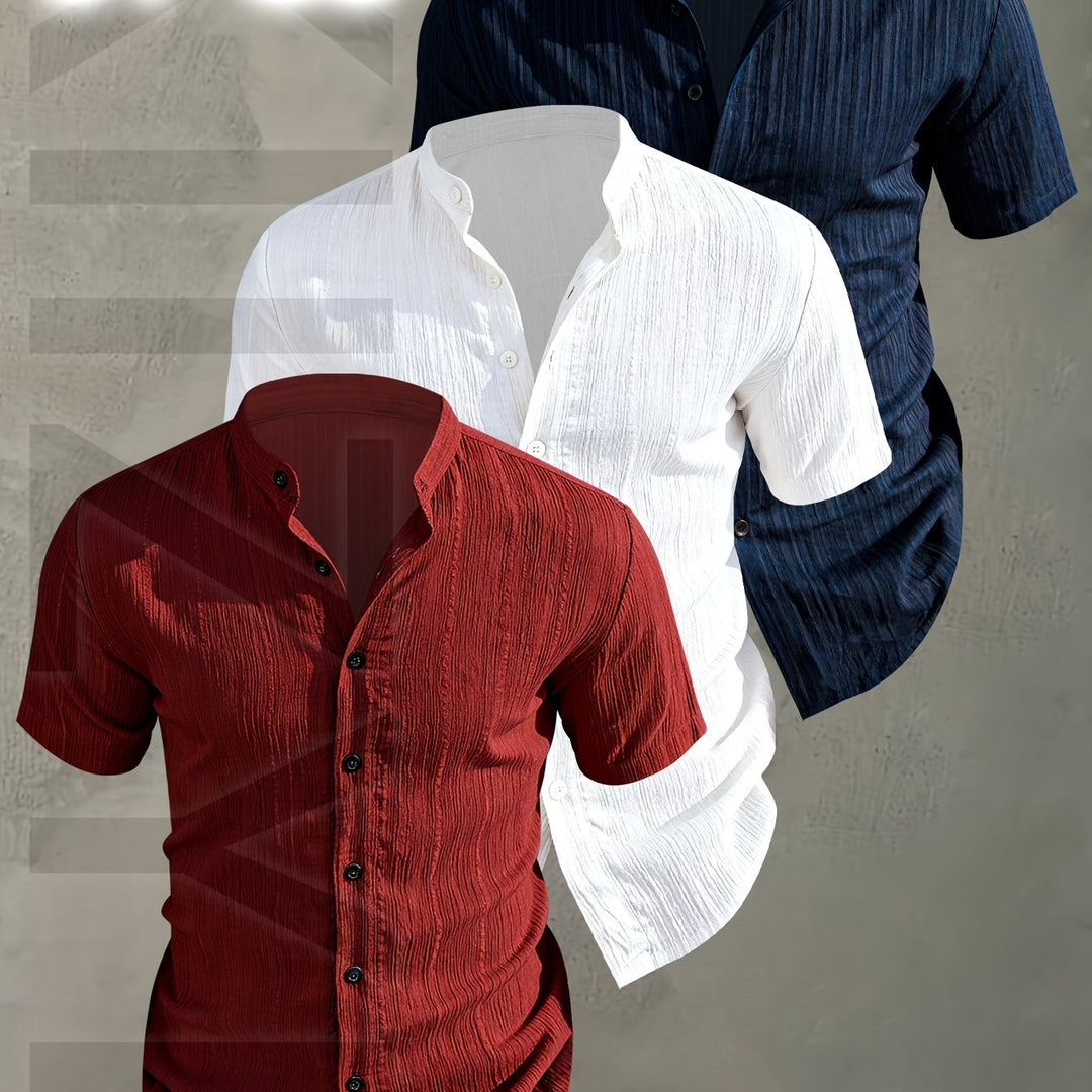 Herren Kurzarm Stehkragen Hemden im 3er-Set; modische Sommerhemden für einen entspannten Look.