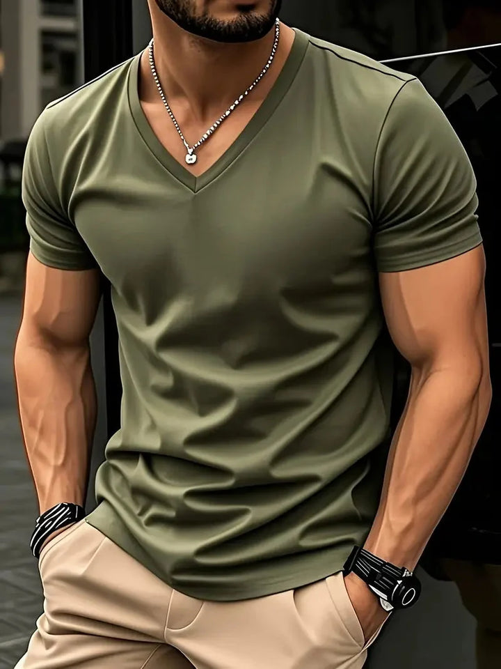 Marineblaues Herren V-Ausschnitt T-Shirt, Slim Fit Kurzarmshirt, ideal für Casual-Looks.