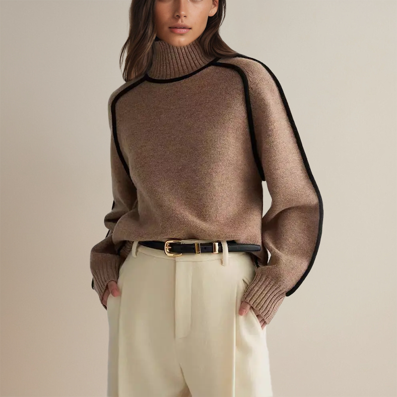 Moderner gestreifter Damen Rollkragenpullover. Schicker Slim Fit Langarm-Pullover für elegante Winter-Outfits.
