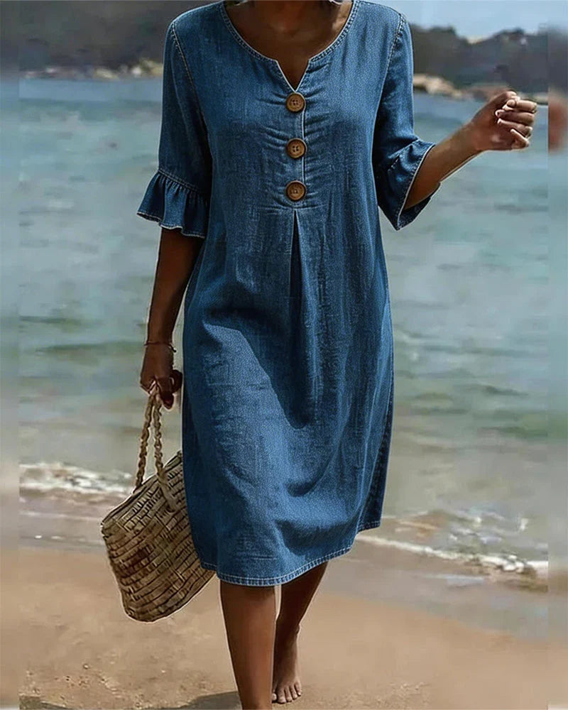 Locker sitzendes Damen Midi Sommerkleid mit Knopfleiste, Rundhals & Halbarm. Bequemes, stilvolles Freizeitkleid.