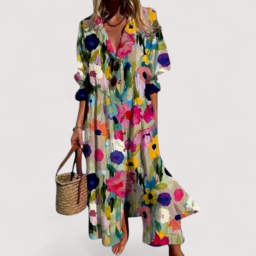 Elegantes Damen Midi-Kleid in A-Linie mit Print, luftig & bequem, ideal für warme Sommertage.