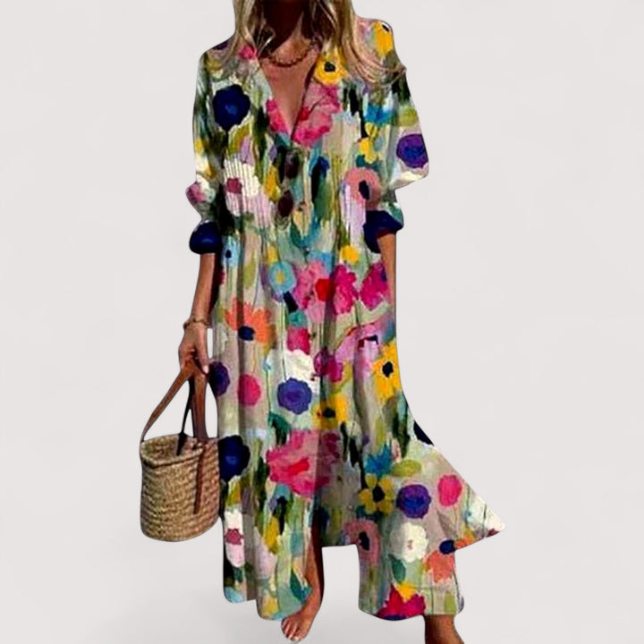 Elegantes Damen Midi-Kleid in A-Linie mit Print, luftig & bequem, ideal für warme Sommertage.