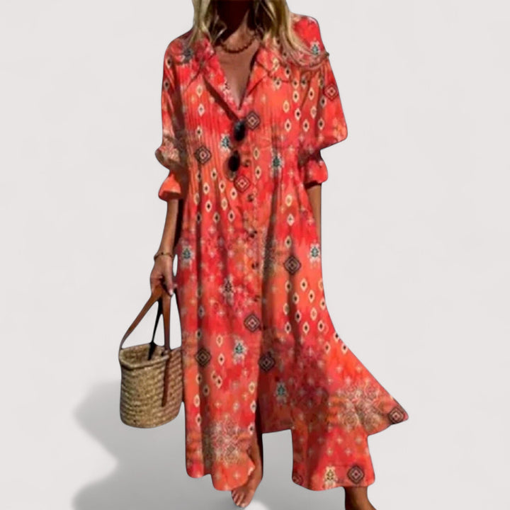 Atmungsaktives Damen A-Linien Midi-Kleid mit sommerlichem Print, locker & bequem für jeden Tag.