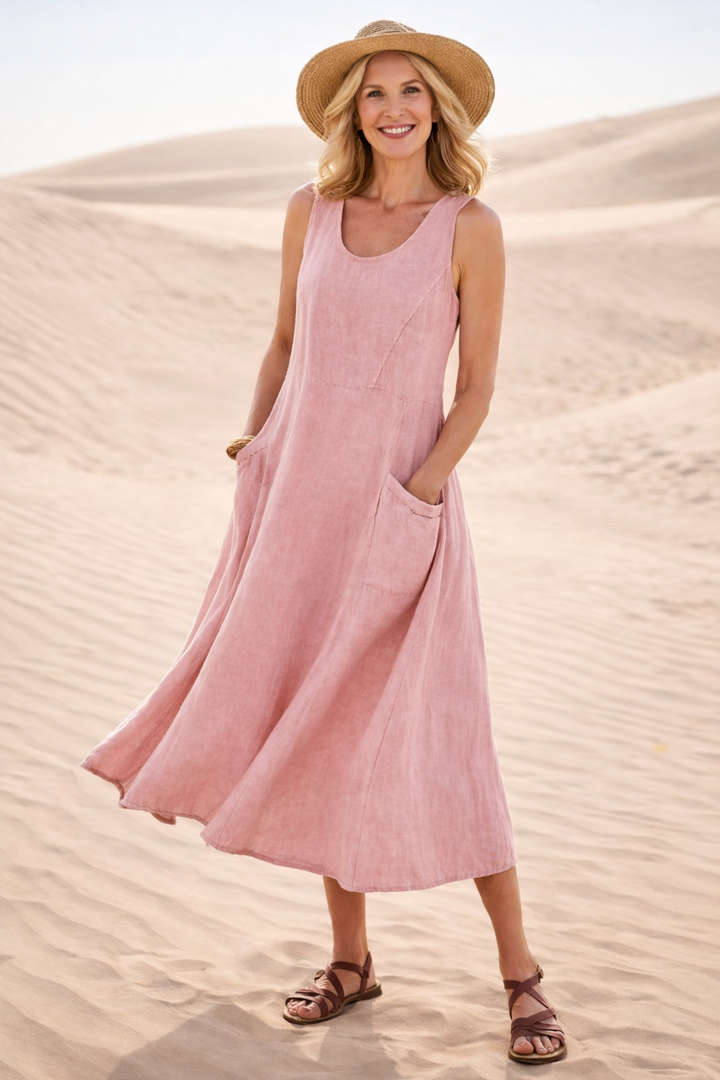 Damen A-Linien Midikleid, ärmellos, mit Taschen. Bequemes, vielseitiges Freizeitkleid für den Alltag.