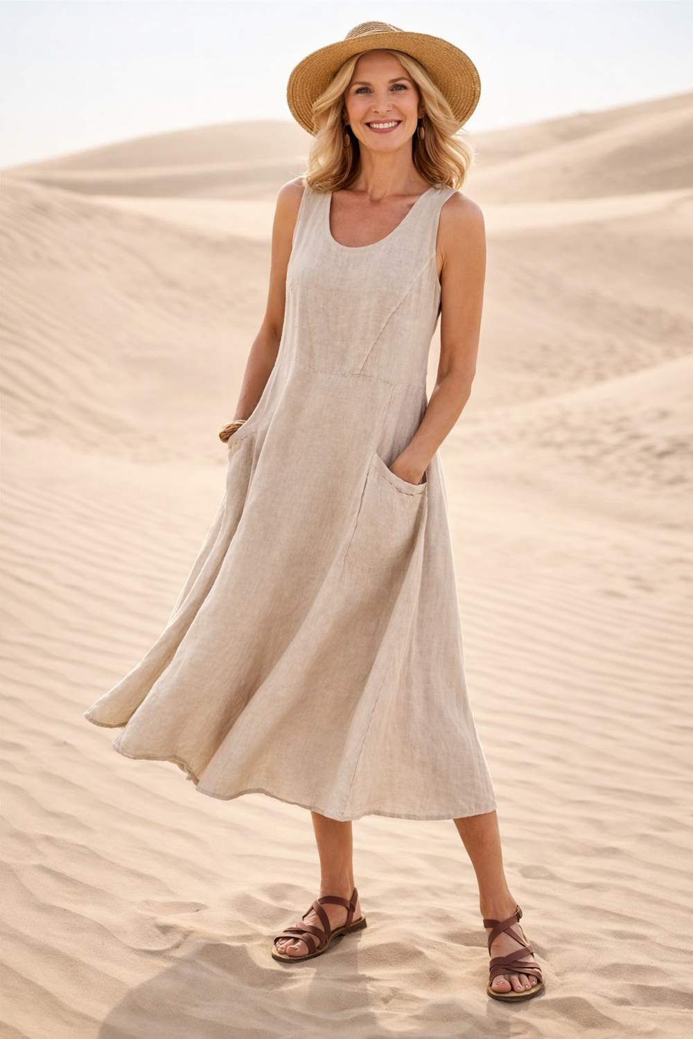 Elegantes ärmelloses Damen Sommerkleid im A-Linien Schnitt. Ein bequemes Midi-Kleid mit Taschen für warme Tage.