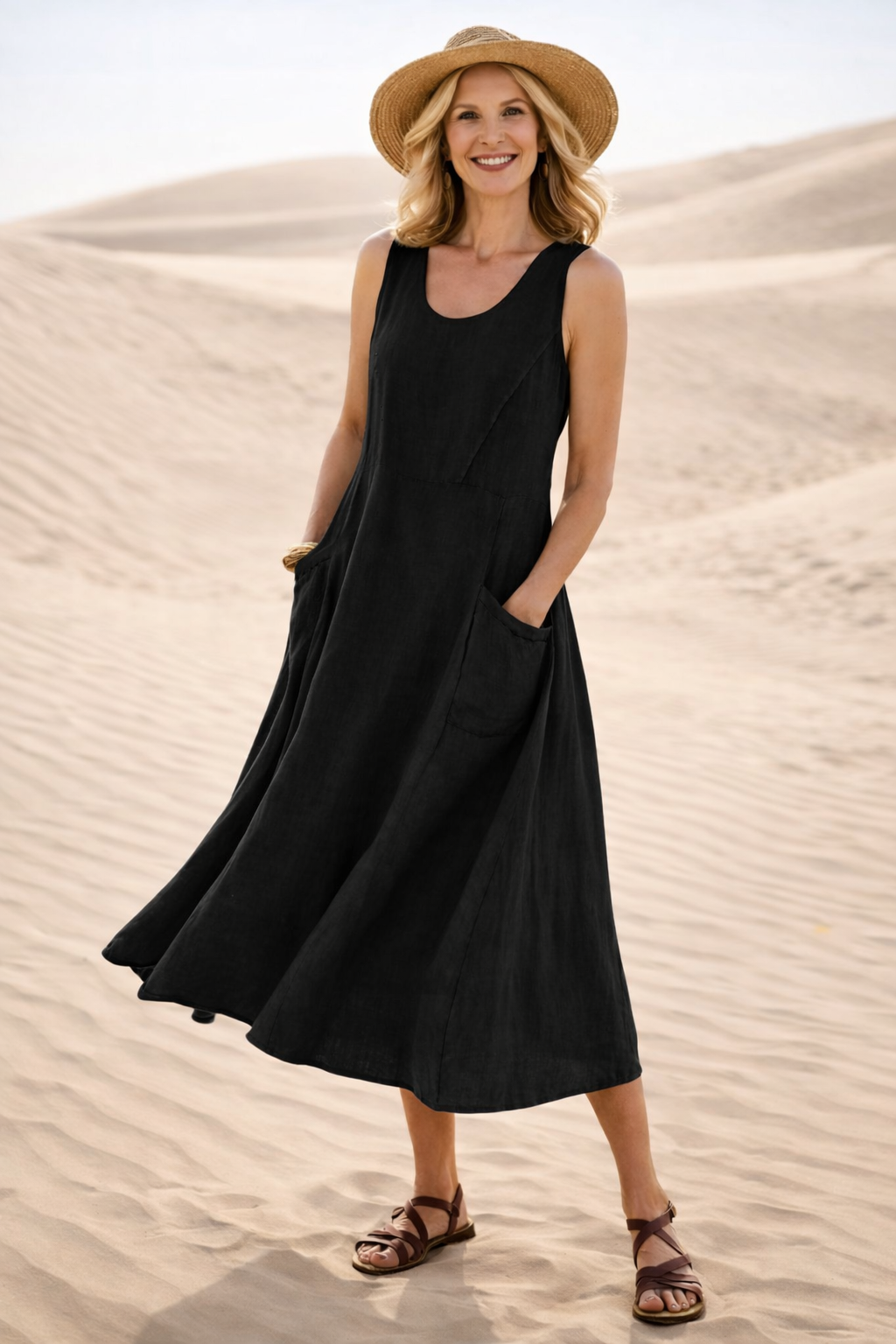 Modisches ärmelloses Damen Midikleid im A-Linien-Schnitt mit praktischen Taschen und hohem Tragekomfort.