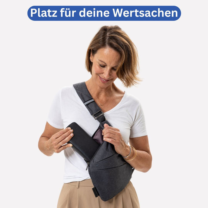 Sichere Damen Crossbody Tasche in Schwarz mit Diebstahlschutz. Perfekt für Städtetrips & Pendler.