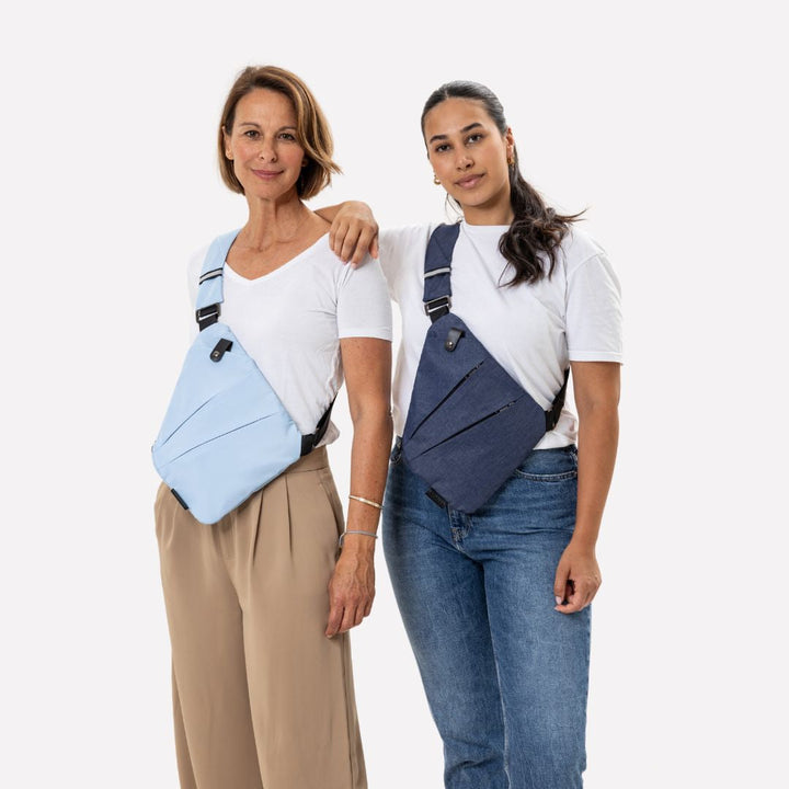 Minimalistische Damen Anti-Diebstahl Umhängetasche aus Polyester, blau. Schutz vor Taschendieben.