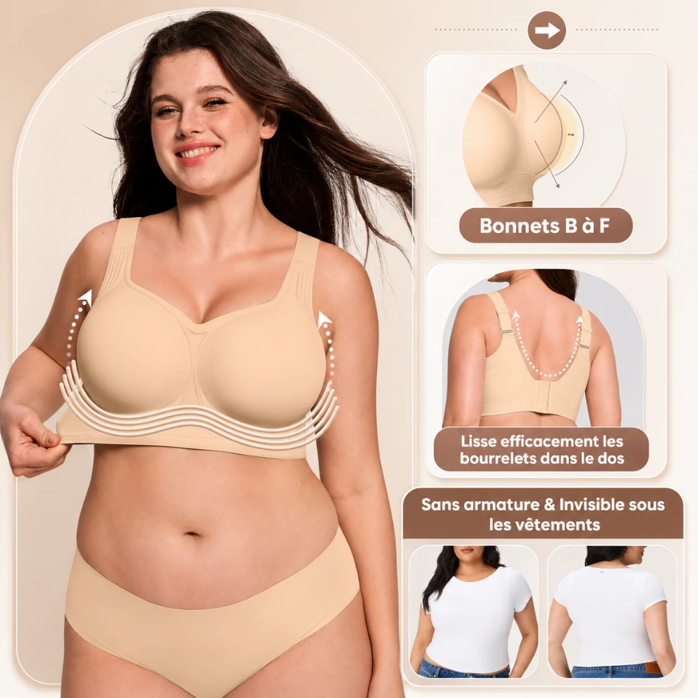 Unsichtbarer Damen Bügelloser BH in Nude, nahtlos und bequem, perfekt unter enger Kleidung.