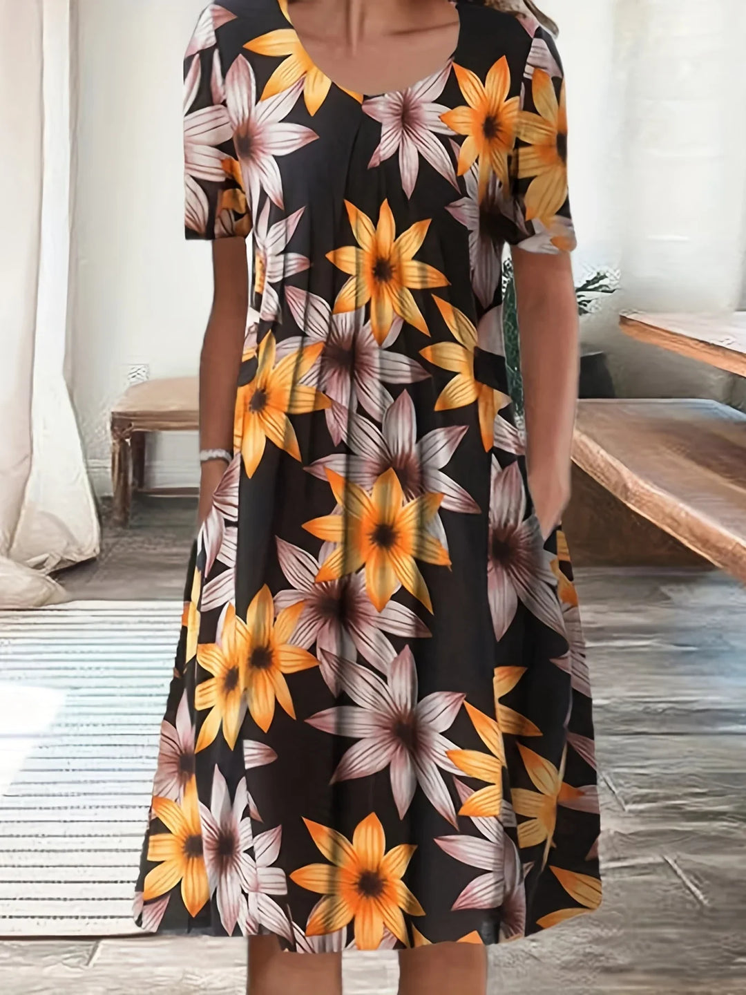 Eleganter Sommer-Look: Damen Blumen Kurzarmkleid, perfekt für Gartenpartys, festlich und fließend.