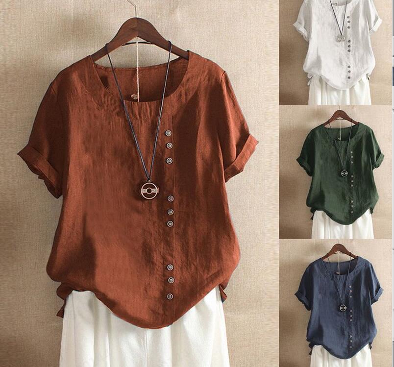 Damen Blusenshirt mit schrägem Knopfdesign, lässig, kurzarm, ideal für den Sommer und Alltag.