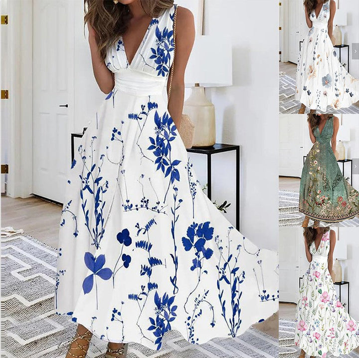 Wunderschönes Damen Maxikleid mit romantischem Blütendruck, leicht und elegant für den Sommer.