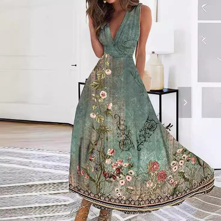 Elegantes Damen Maxikleid mit Blütendruck für Hochzeitsgäste, A-Linie, ärmellos.
