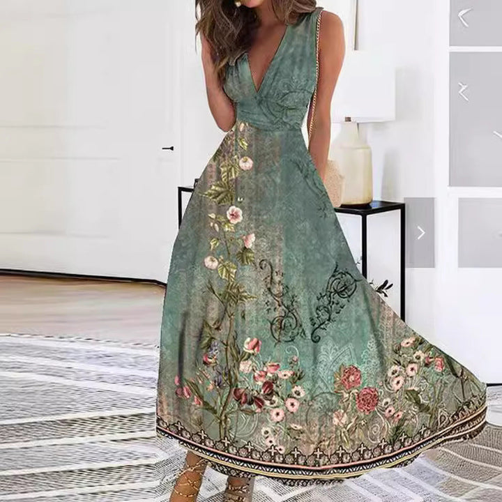 Elegantes Damen Maxikleid mit Blütendruck für Hochzeitsgäste, A-Linie, ärmellos.