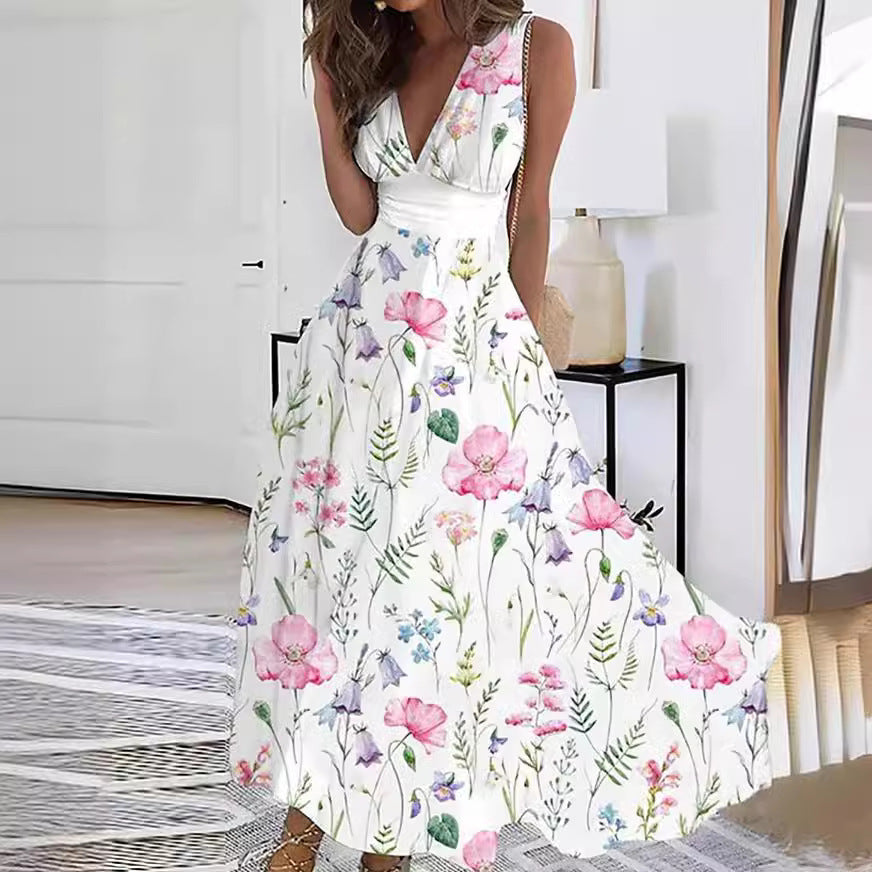 Festliches Damen Abendkleid mit Blumenmuster, ärmellos, V-Ausschnitt, ideal als Hochzeitsgast.