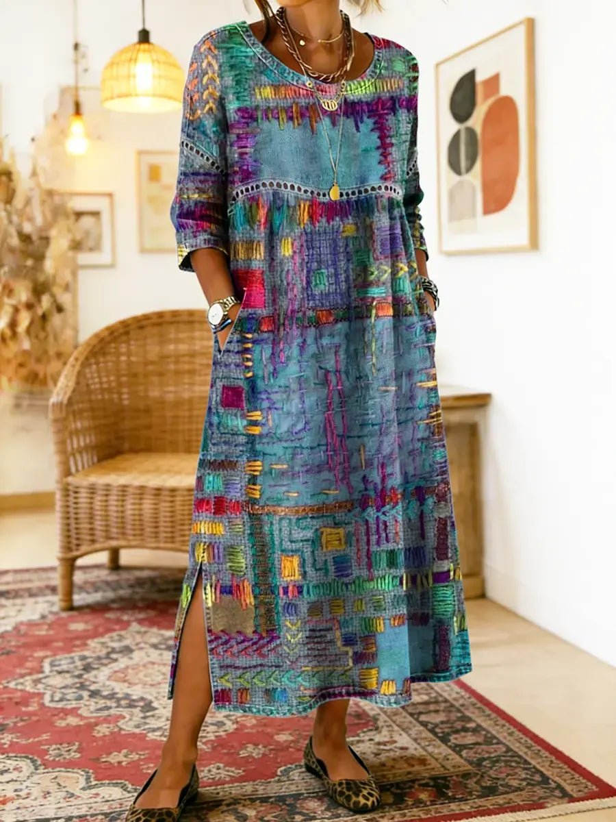 Komfortables Damen Boho-Kleid Amelie: Elegantes Patchwork-Design, fließend und perfekt als Sommer-Maxikleid.
