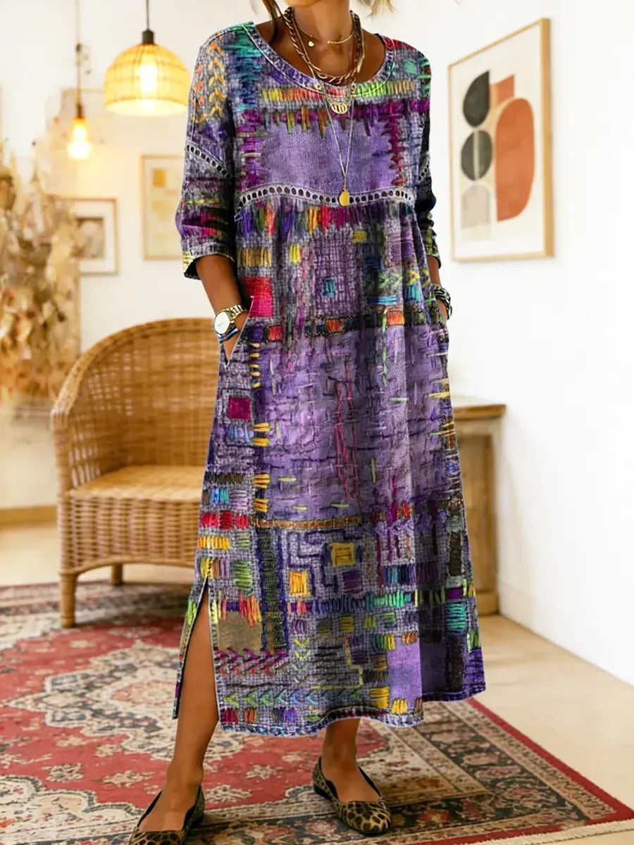 Komfortables Damen Boho-Kleid Amelie: Farbenfrohes Patchwork-Design, fließend & schick für warme Tage.