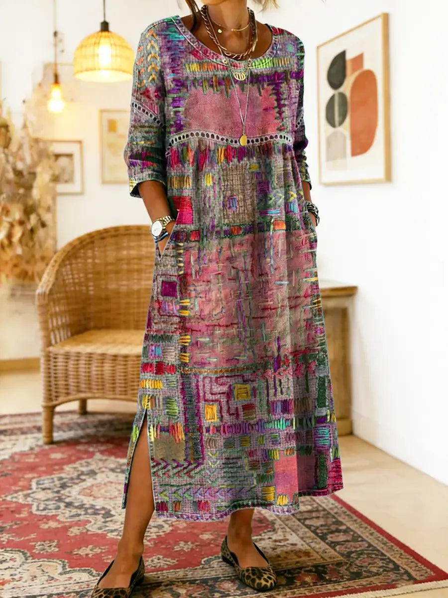 Boho-Kleid Amelie für Damen: Fließendes Design, farbenfroh und schick, ideal als Freizeit- oder Urlaubskleid.