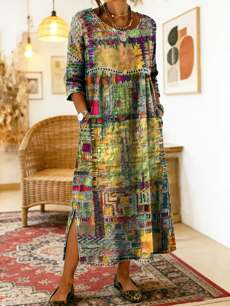 Elegantes Patchwork-Kleid Amelie für Damen: Komfortables Maxikleid im Boho-Stil für Sommer und besondere Anlässe.