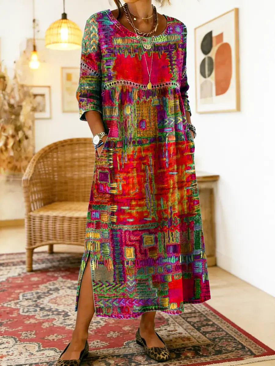 Farbenfrohes Damenkleid Amelie: Schickes Boho-Maxikleid mit fließendem Stoff, perfekt für Urlaub und Freizeit.