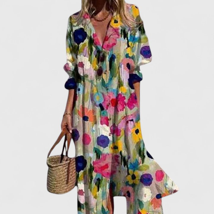 Langes Damen Boho Maxikleid, elegant und bequem, ideal für sommerliche Events und entspannte Freizeit.