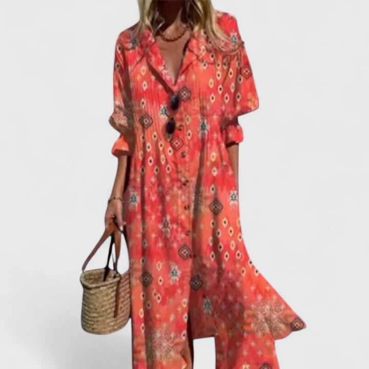 Damen Boho Maxikleid, fließend & lang, mit elegantem Muster und bequemen langen Ärmeln. Perfekt für Freizeit.