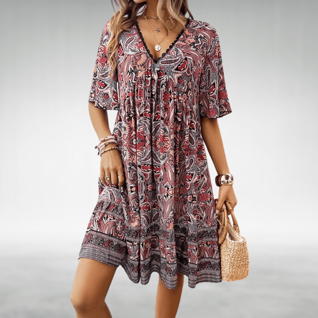 Farbenfrohes Damen Sommerkleid im Boho-Stil, V-Ausschnitt Midikleid mit elegantem Paisley-Muster.